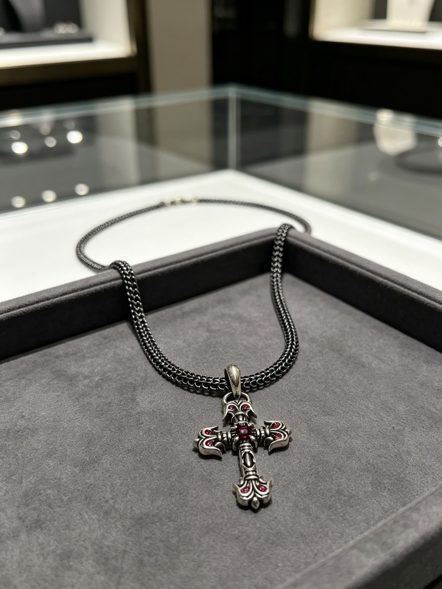 Chrome Hearts Silver Cross Pendant with Pink Stones